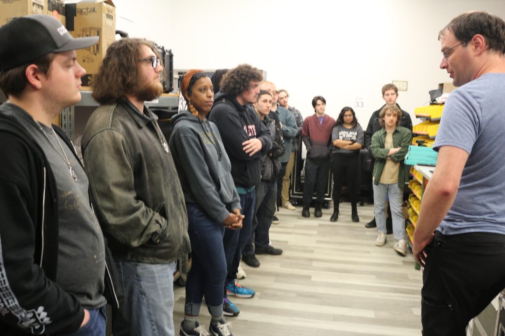 Tim Peterson, Director of Technology, sharing technology insights with members of FLCC's Sound Reinforcement/Live Recording Class
